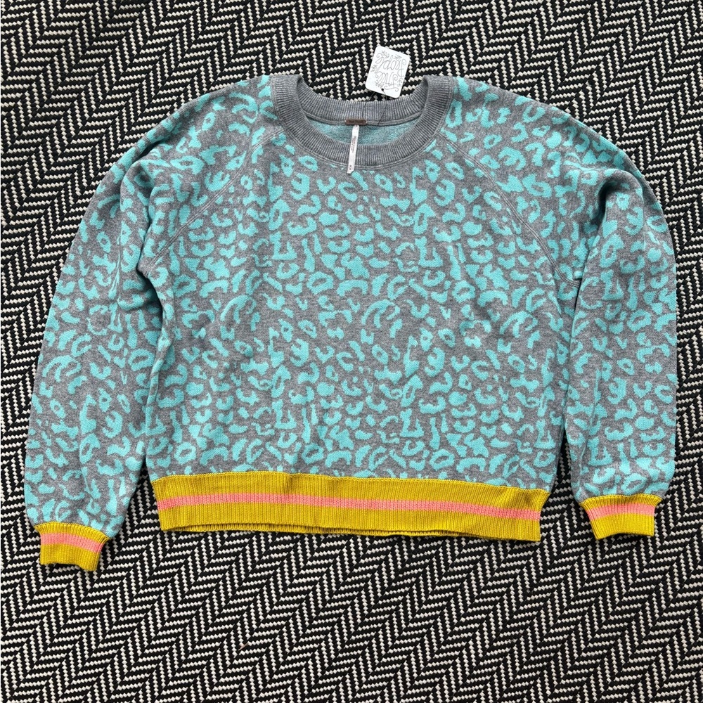 Free People Gray and Blue Leopard Patterned Sweater